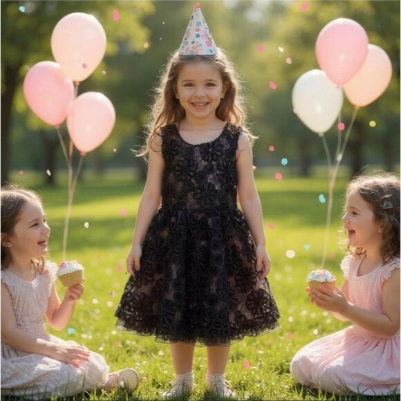 Girls Black Floral Lace Party Dress ✦ Knit Works ✦ Pink Lining ✦ Twirl Skirt 10 - Picture 3 of 6